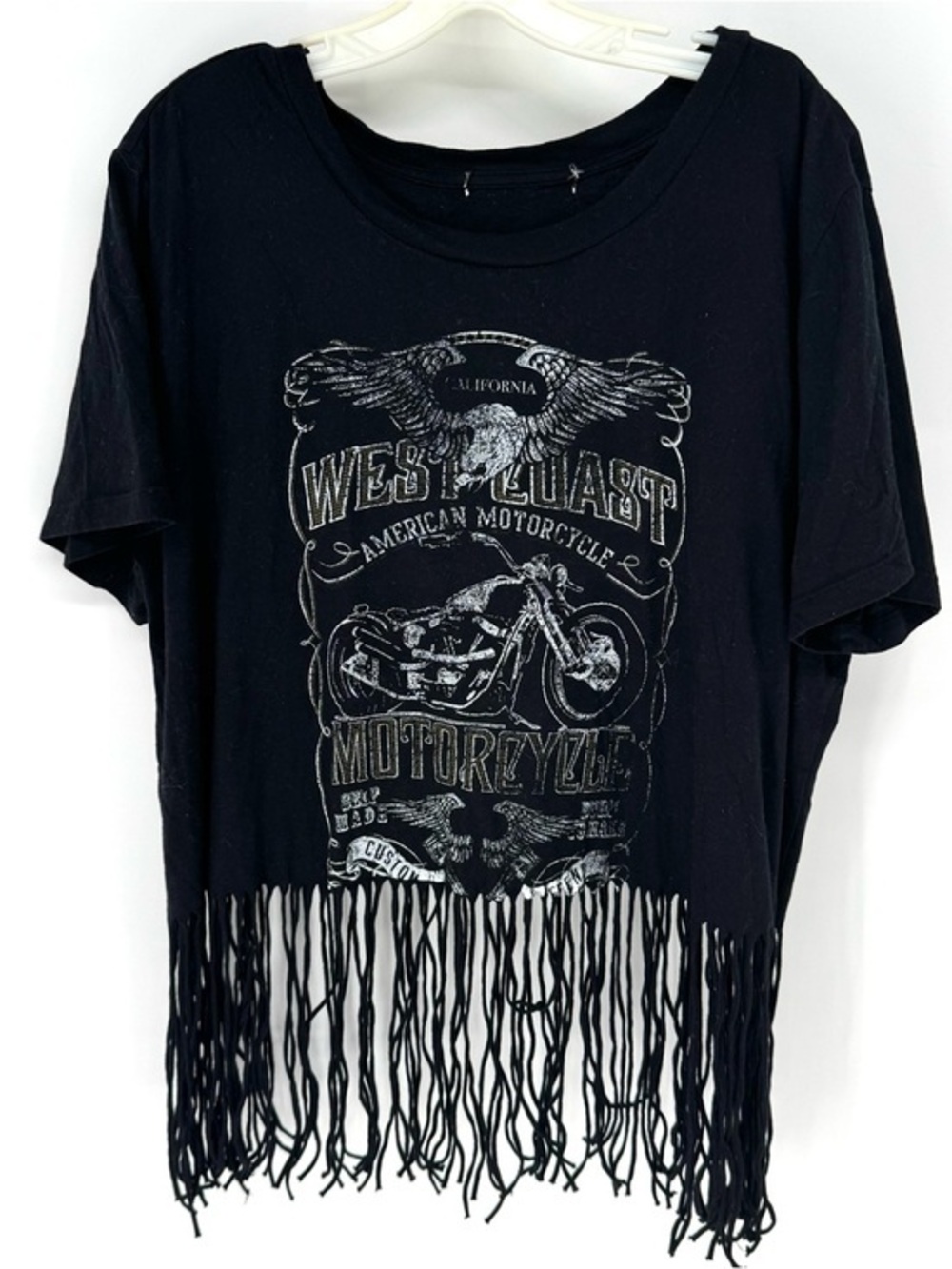 West Coast Motorcycle graphic T-shirt, cropped with fringe bottom medium